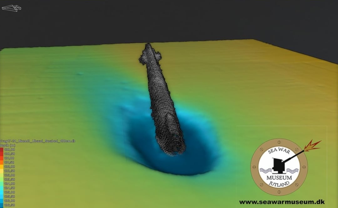 Imagen del equipo de escaneo donde se muestra el submarino U-3523, hallado por el Sea War Museum Jutland. Foto: seawarmuseum.dk