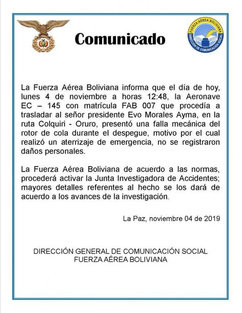 Helicóptero del presidente de Bolivia aterriza de emergencia