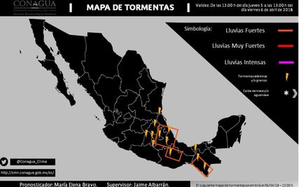 Continuarán tormentas fuertes en el centro, sur y sureste del país: SMN
