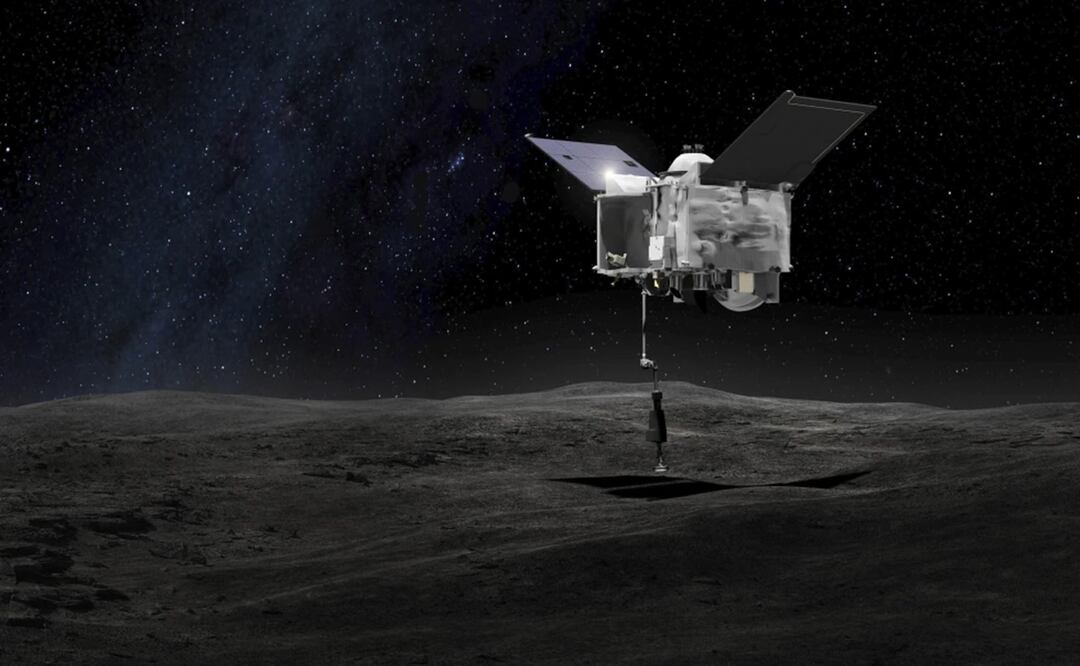 Esta representación artística proporcionada por la NASA el 6 de septiembre de 2016 muestra la nave espacial OSIRIS-REx tomando muestras del asteroide Bennu. Foto: AP