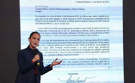 Sheinbaum muestra respuesta de Google sobre cambio de nombre al Golfo de México; procedería ante tribunales