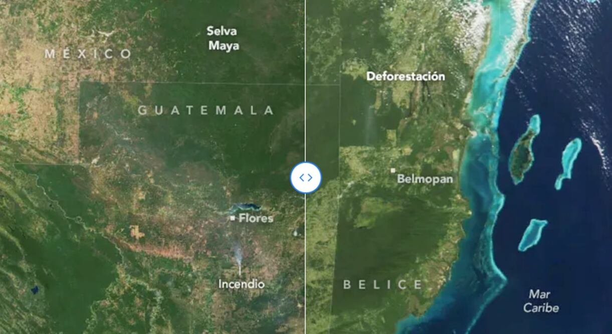Fotografías satelital de la NASA del área que comprende a la Selva Maya.
Fotos: NASA