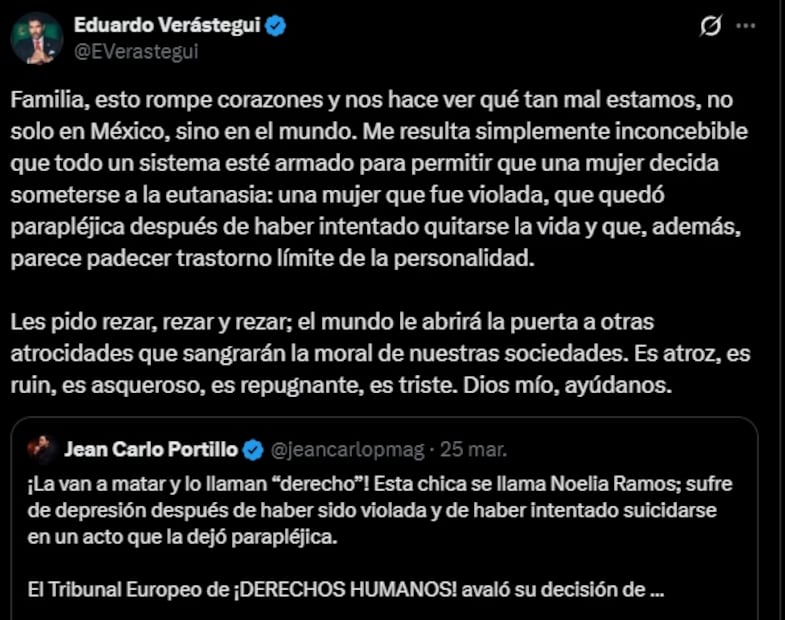Eduardo Verástegui dedica oración a Noelia Castillo. Foto: Captura de pantalla