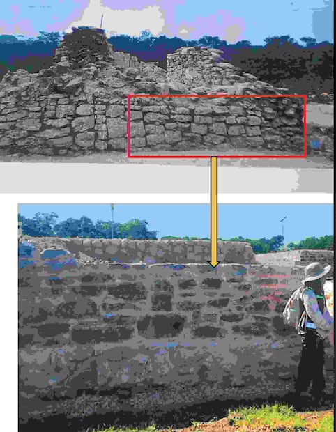 Especialistas aseguran que no había razón para remover los vestigios de lugar, porque no afectaban el tramo del Tren Maya. Arriba, una estructura original y abajo, la nueva disposición en el Parque Báalam Tun. Fotos: Informe elaborado por la Comisión de Protección al Patrimonio Arqueológico