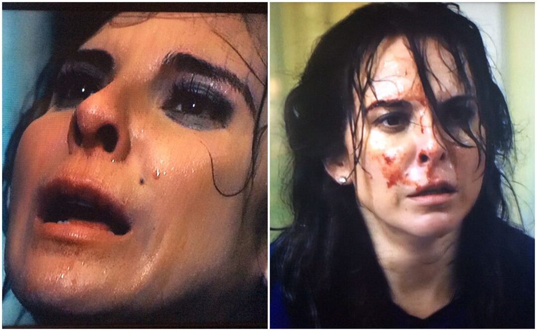 LOS GOLPES. En el primer episodio, Emilia (Del Castillo) riñe con su esposo Diego y luce desesperada; en la siguiente escena, ya aparece con el rostro muy lastimado y ensangrentado, y el cabello humedecido.