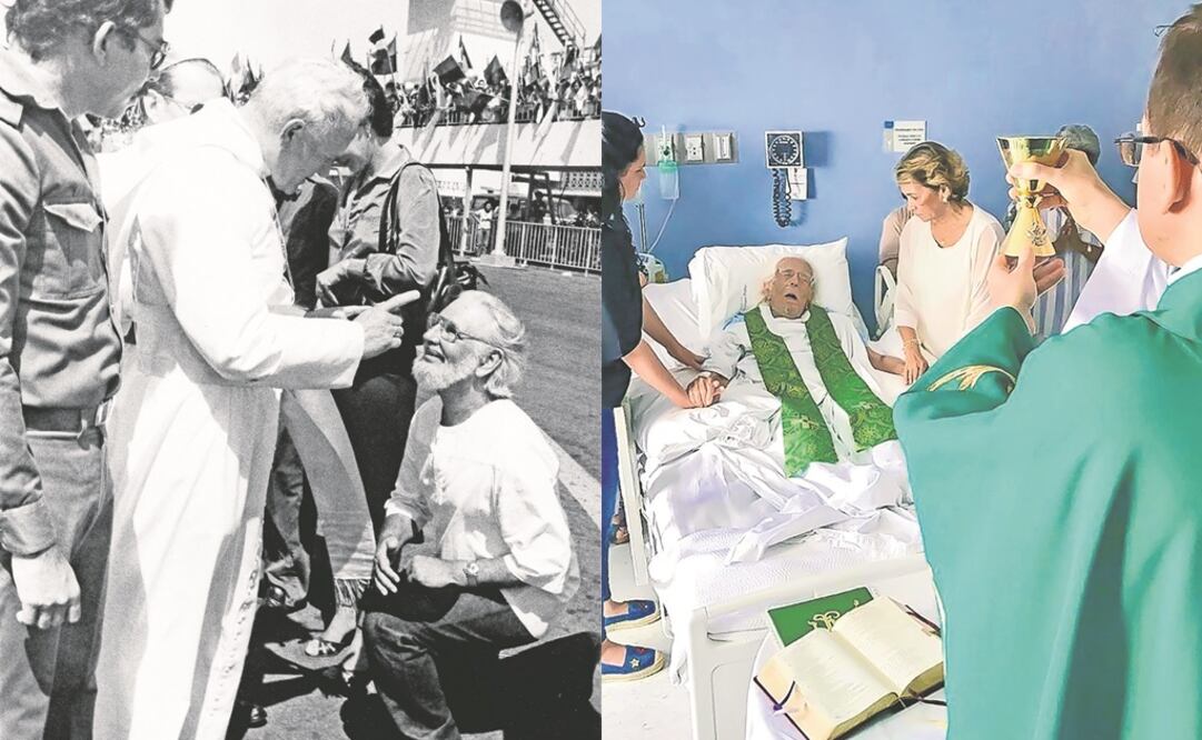 Imagen del 4 de marzo de 1983 cuando el papa Juan Pablo II llama la atención a Cardenal, en Nicaragua; el cura y poeta Ernesto Cardenal celebra desde su cama de hospital su primera misa en 34 años (LUZ MARINA ACOSTA. AFP)