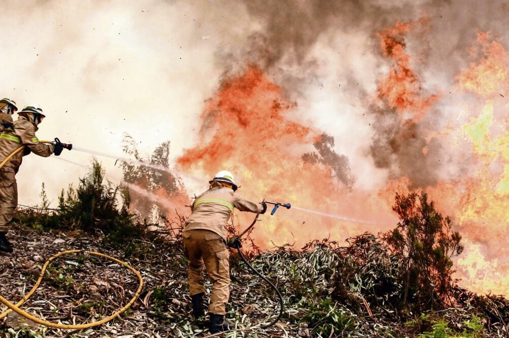 Soldados de la Guardia Nacional de Portugal trabajaron ayer durante horas en las acciones para poder controlar el incendio forestal que comenzó el sábado en la zona de Capela Sao Neitel (PAULO CUNHA. EFE)
