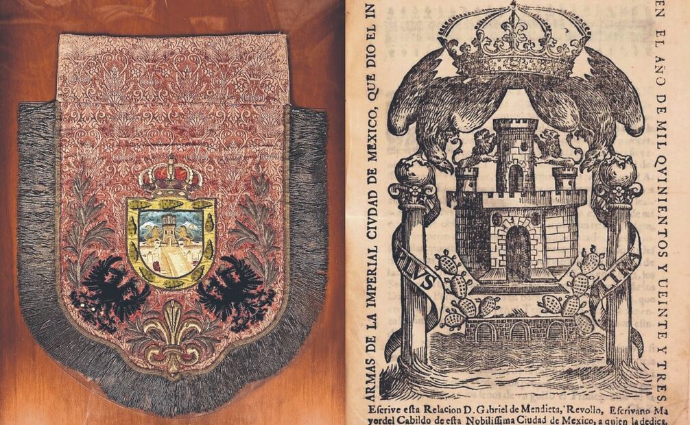Representación del escudo de la CDMX y que forma parte de la colección del Museo Nacional de Historia del INAH. Foto: Inah y Ilustración del escudo de armas de la ciudad en un libro de 1701. Foto Especial