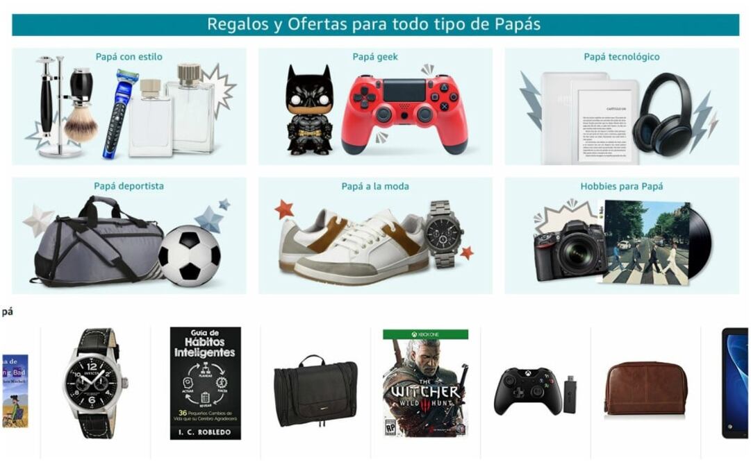 Amazon cuenta con las categorías Papá con estilo, Papá geek, Papá tecnológico, Papá deportista, Papá a la moda y Hobbies para Papá