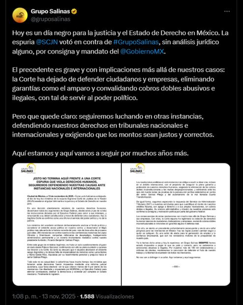 Comunicado Grupo Salinas tras la decisión de la Suprema Corte sobre el pago de un adeudo millonario de impuestos. Foto: captura de pantalla