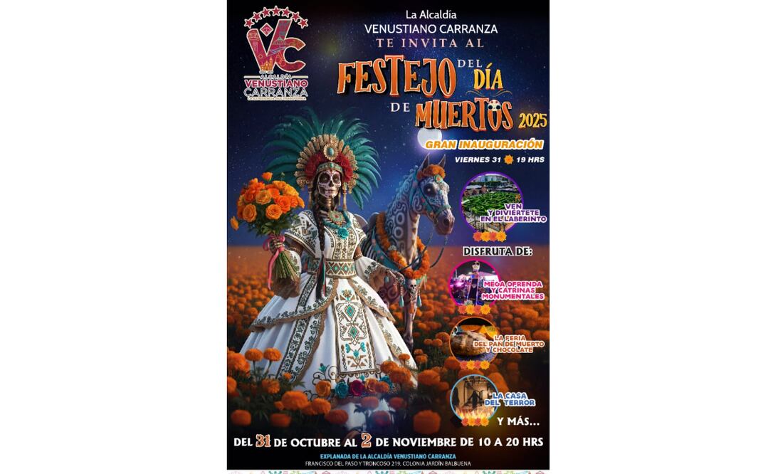 La alcaldesa de Venustiano Carranza, Evelyn Parra, anunció que del 31 de octubre al 2 de noviembre se llevarán a cabo los festejos del Día de Muertos 2025.
Foto: Especial.