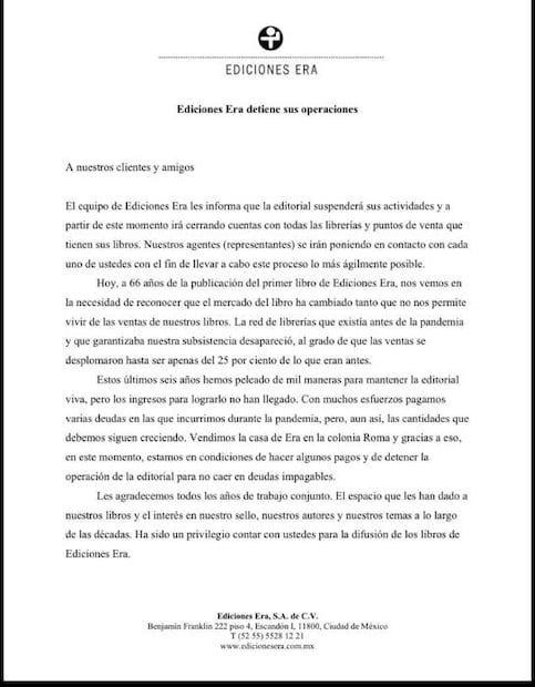 Con este mensaje la editorial anunció su cierre definitivo. Foto: Cortesía.