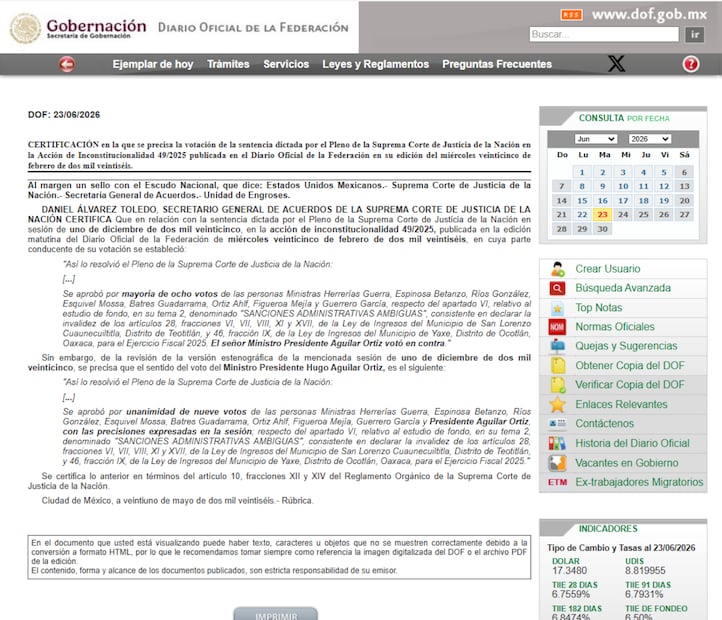 Precisión de la votación del pleno de la Suprema Corte de Justicia de la Nación (SCJN) acerca de la acción de inconstitucionalidad 49/2025. Foto: Captura de pantalla