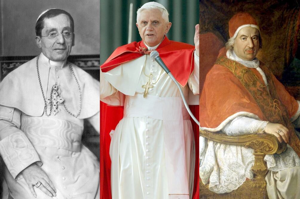 (De izquierda a derecha) Papa Benedicto XV, periodo como Santo Padre de 1914 a 1922; Papa Benedicto XVI, papado de 2005 a 2013; Papa Benedicto XIV, al frente de la Iglesia Católica de 1740 a 1758. Fotos: ESPECIAL/Claudio Onorati, EFE/Museo Nazionale Roman