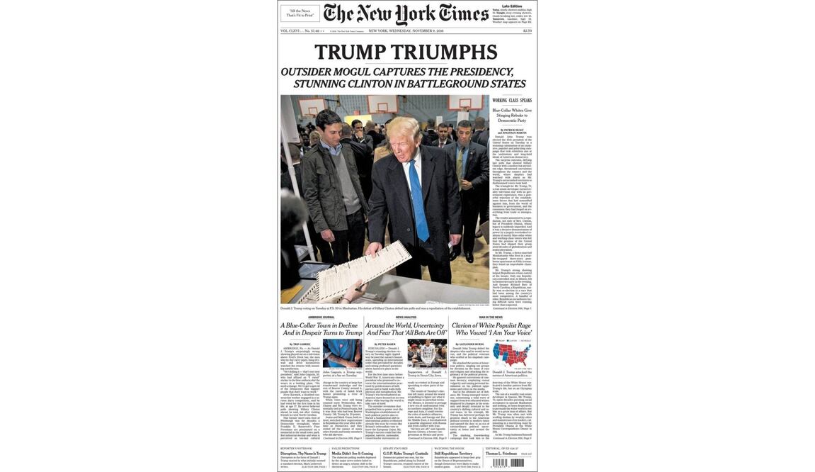The New York Times. "Trump Triunfa. El magnate ajeno a la política le gana la batalla por los estados a la impresionante Clinton"