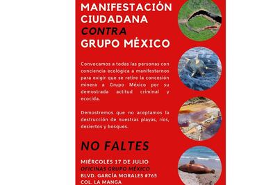 Convocan a manifestación en contra de Grupo México por derrame en Mar de Cortés