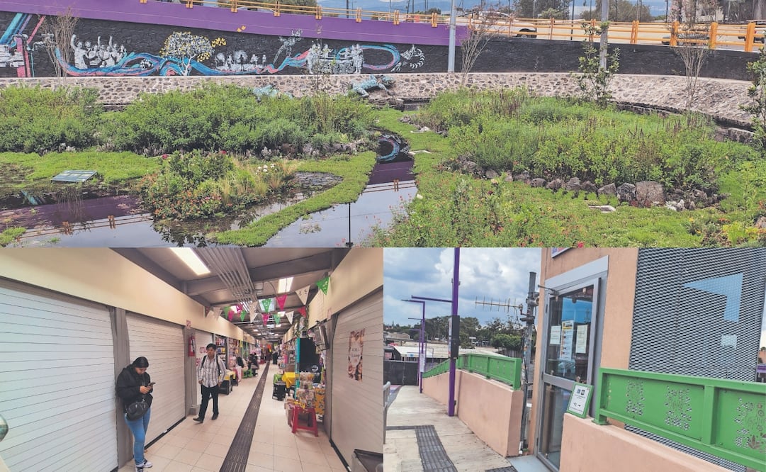 Arriba, el Jardín de Lluvia Coapan, que de acuerdo con pobladores tiene basura y no solucionó las inundaciones en las vialidades; abajo a la izquierda, el Mercado de Huipulco con locales cerrados y a la derecha uno de los elevadores fuera de servicio. Fotos: Arantxa Meave/ EL UNIVERSAL