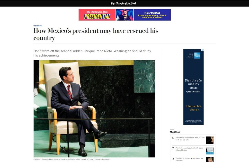 Screen capture of the article, with a photo from Reuters of president Peña Nieto at the UN last month.