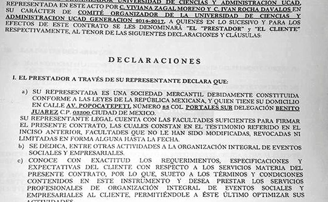 Facsímil del contrato contraído entre PMP Eventos, representada por Jorge Guadalupe Jiménez, y el comité de graduación de la UCAD. (CORTESÍA)