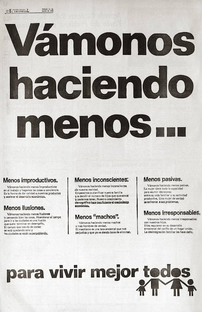 Anuncio en EL UNIVERSAL para “Vámonos haciendo menos improductivos, inconscientes, pasivas, ilusiones, machos e irresponsables”. Se intentó combatir el machismo y la falta de consciencia social. Foto: Hemeroteca EL UNIVERSAL.