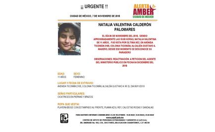 Reactivan Alerta Amber para encontrar a Natalia Valentina Calderón Palomares