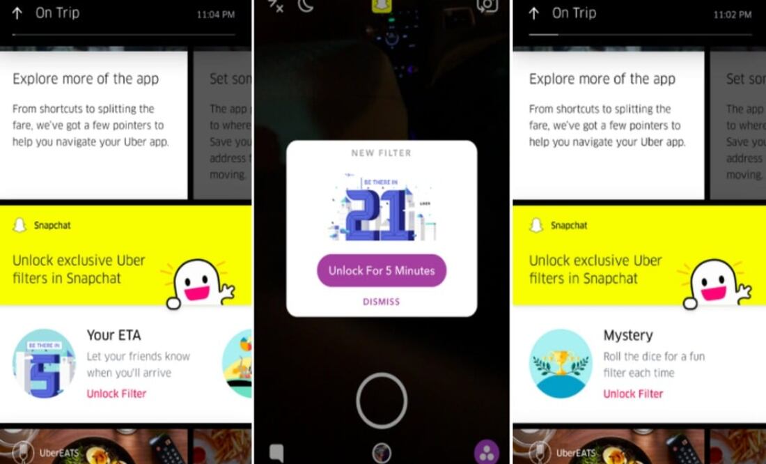Si eres un usuario de Snapchat existente y vas en un viaje con Uber, verás una tarjeta Snap en el feed de tu app