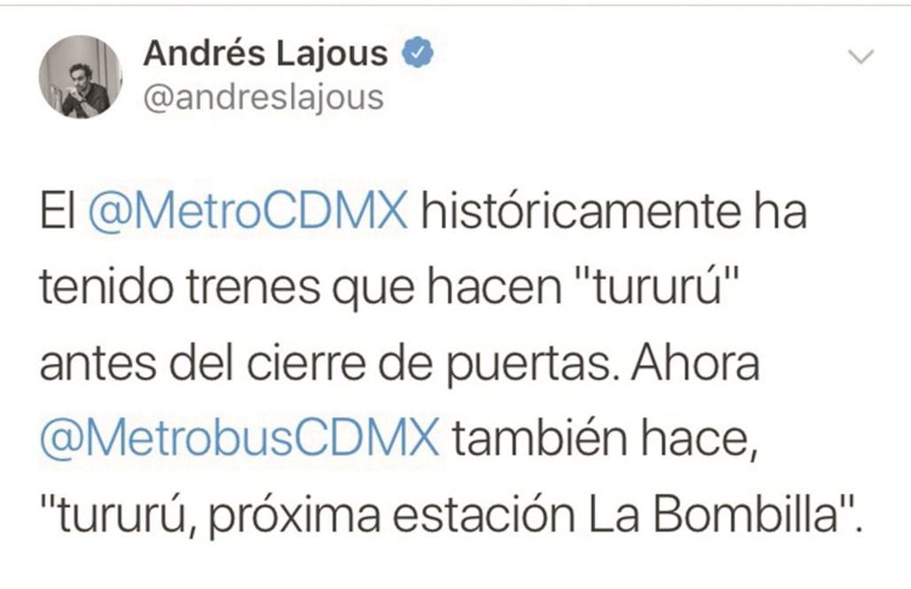 Polémica en Twitter. En un tuit, Andrés Lajous informó de la implementación del sonido del Metro en el Metrobús. TOMADA DE TWITTER