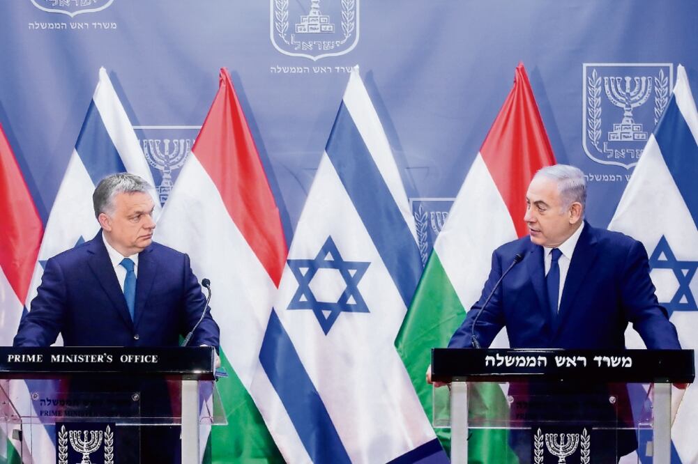 El primer ministro de Hungría, Viktor Orban, durante una conferencia de prensa con su par de Israel, Benjamin Netanyahu. Foto: XINHUA