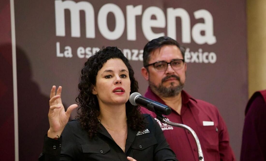Luisa María Alcalde, dirigente nacional de Morena en conferencia de prensa en Hidalgo (22/08/2025). Foto: Especial