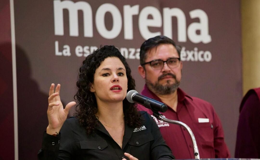 Luisa María Alcalde, dirigente nacional de Morena en conferencia de prensa en Hidalgo (22/08/2025). Foto: Especial