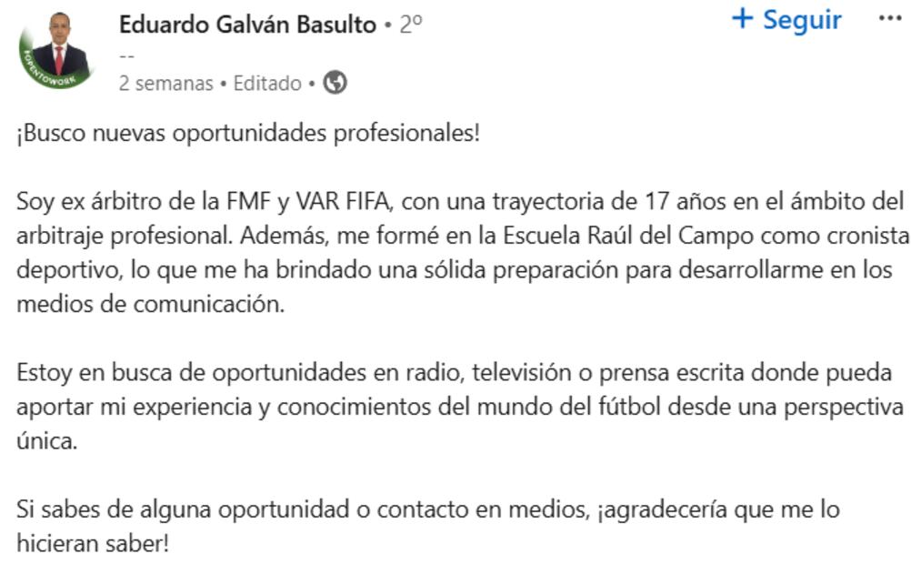 Exárbitro de la Liga MX busca trabajo por redes sociales
