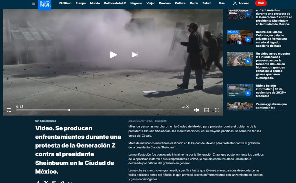 Cobertura del medio EuroNews sobre la marcha de la generación Z en México. Foto: Captura de pantalla