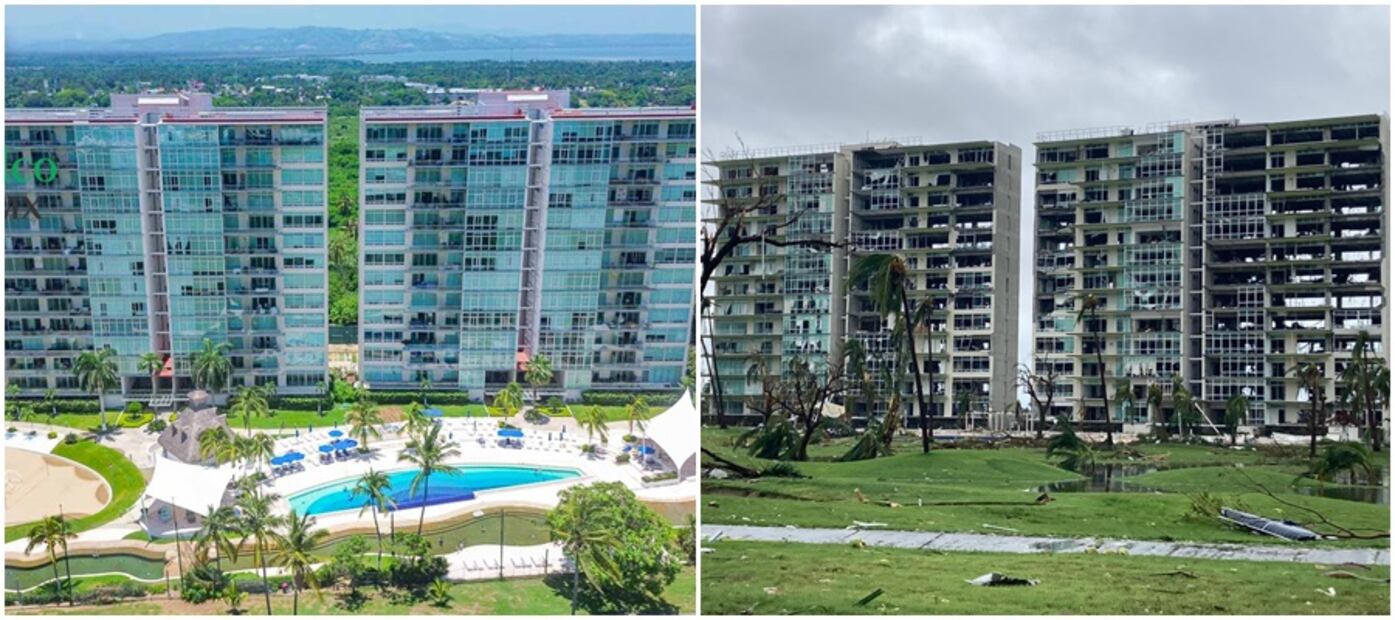 Condominio Laguna Acapulco antes y después del paso del huracán "Otis". Fotos: Casas Acapulco Diamante y redes sociales (créditos a quien corresponda).