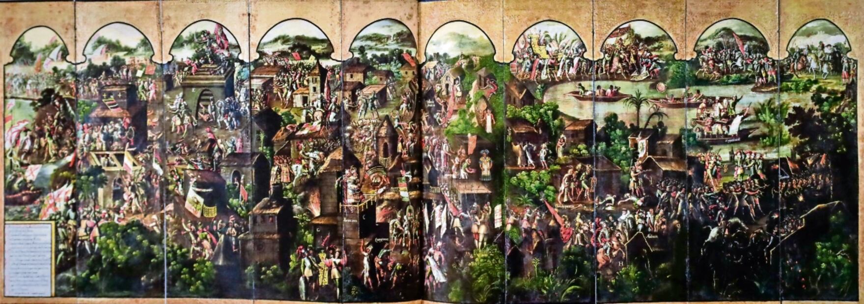 Biombo Historia de la Conquista de Tenochtitlán y vista de la Ciudad de México, 1692-1696. Foto: Tomada del libro