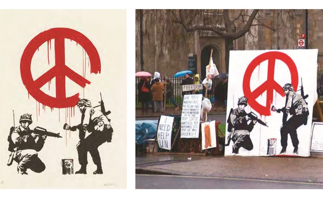 El libro recopila algunos de sus famosas obras, Soldados de la CND (2003) en protesta contra la Guerra del Golfo. Foto: Ediciones AKAL