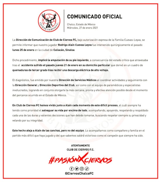 Amputan pierna a futbolista mexicano tras sufrir una descarga eléctrica