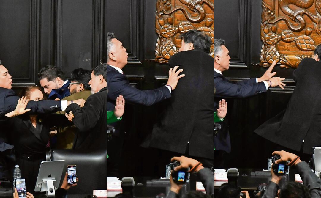 Luego de cantar el Himno Nacional en el Senado, Alejandro Moreno encaró a Fernández Noroña, por haberle negado la palabra en la sesión. El morenista le exigió que no lo tocara y allí empezó todo. El tricolor empujó y manoteó al morenista, quien intentó cubrirse y evadirlo, pero vinieron más empellones y amenazas. Un colaborador de Fernández Noroña intervino, sólo para caer sobre una curul tras ser empujado por Alito. Luego, Fernández Noroña salió del salón por una puerta lateral flanqueado por sus compañeros. Fotos: Mario Jasso / CUARTOSCURO