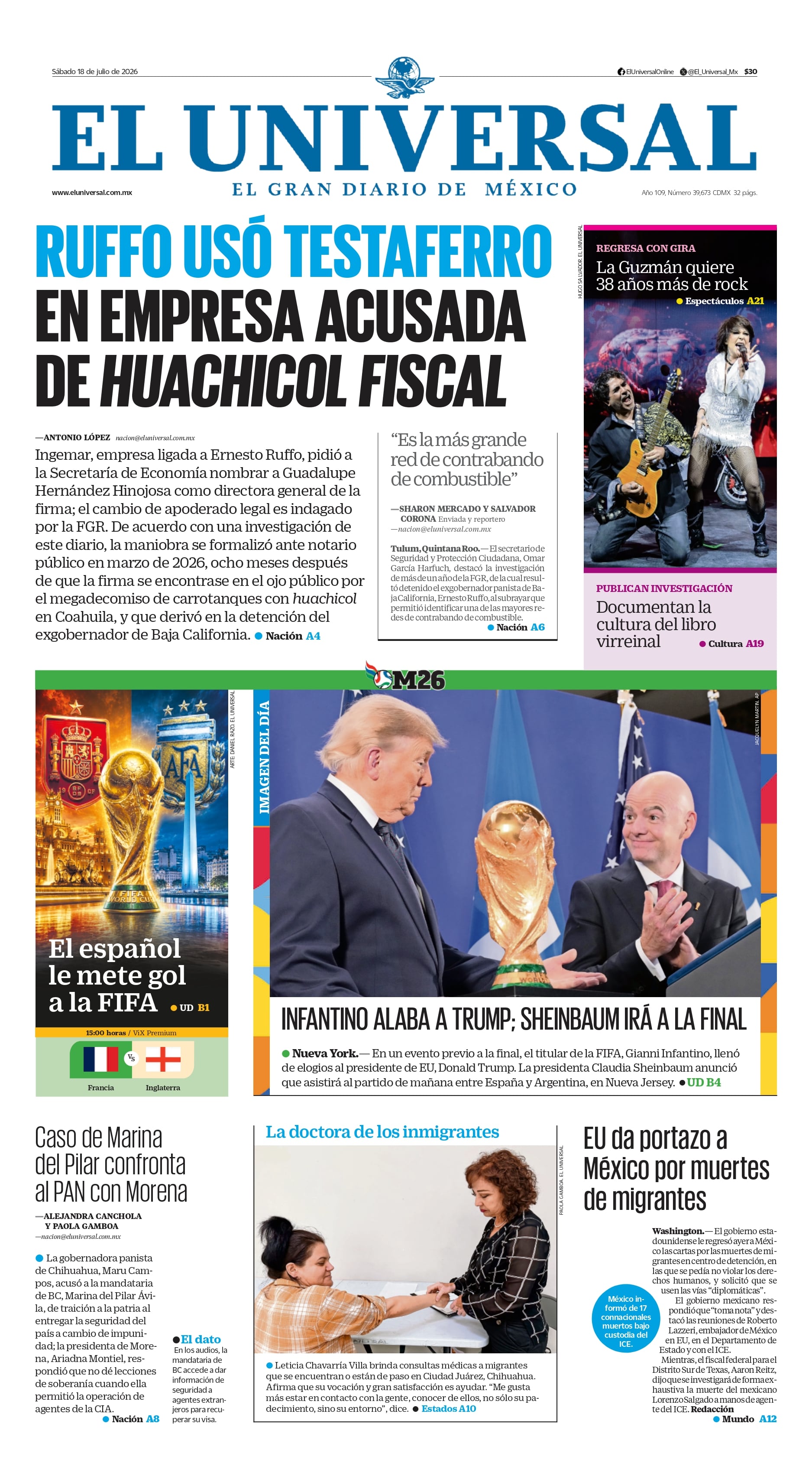 Portada impresa del 18 de julio de 2026