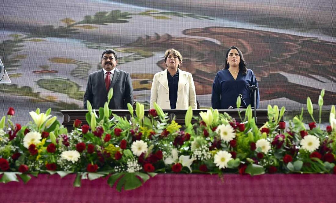 Delfina Gómez asiste a toma de protesta de el nuevo nuevo alcalde de Texcoco, Nazario Gutiérrez Martínez (18/12/2024). Foto: Especial