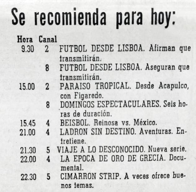 Programación del 6 de abril de 1969, con la frase “afirman que lo transmitirán”. Fue hasta las 9:35 que el Canal 8 confirmó que no emitirían el partido; “este resultado estéril y desconsolador es la conclusión lógica de una actitud voraz y mezquina [de parte de TSM] que utiliza el prestigio y la pureza del deporte para ejercer las presiones más sucias”, indicó su comunicado. Foto: Hemeroteca EL UNIVERSAL.