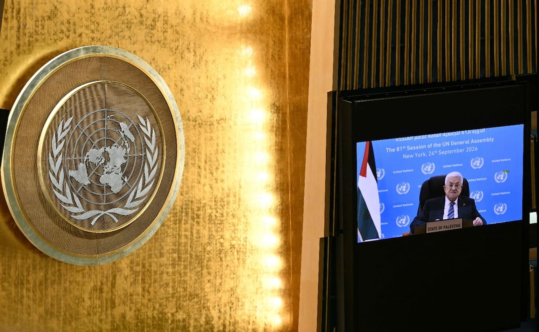 Mahmud Abbas en declaraciones pregrabadas desde su oficina en Ramala, después de que Estados Unidos le negara a él y a otros altos funcionarios palestinos visas para asistir a la Asamblea General de la ONU. Foto: AFP