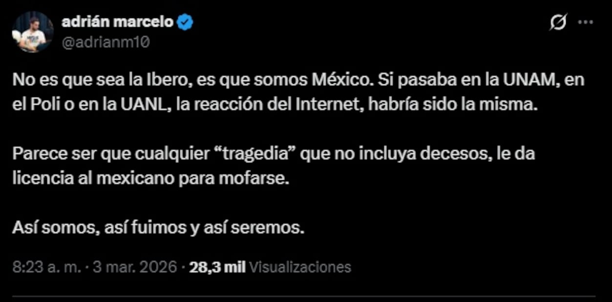 Adrián Marcelo reacciona a burlas tras colapso de gradas en la Ibero. Foto: Captura de pantalla