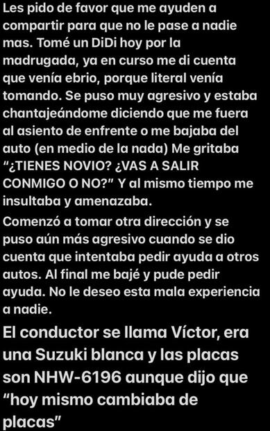 Usuaria de redes denuncia "viaje de terror" con conductor de DiDi: "Temí por mi vida"