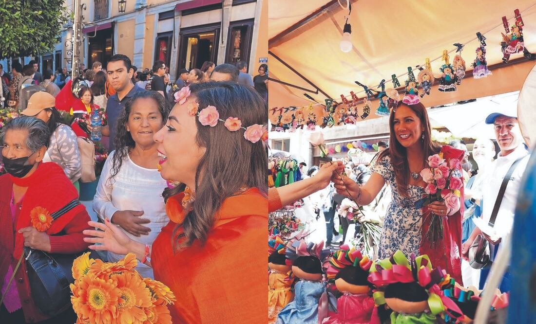 Las candidatas a la gubernatura celebraron la festividad en el
Jardín de la Unión, donde repartieron rosas y gerberas. Foto: Especial