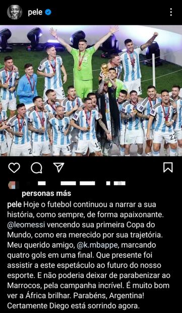 Pelé felicitó a Argentina por ser campeón en Qatar: “Diego está sonriendo”