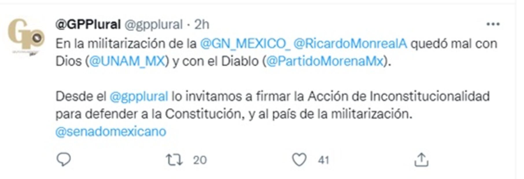 Monreal quedó mal con Dios y con el diablo en votación de reforma a GN: Grupo Plural