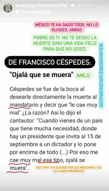 En su cuenta de Instagram, Beatriz Gutiérrez Müller le pidió al autor de “Vida Loca” que no olvide que México le ha dado todo. Foto: captura de pantalla