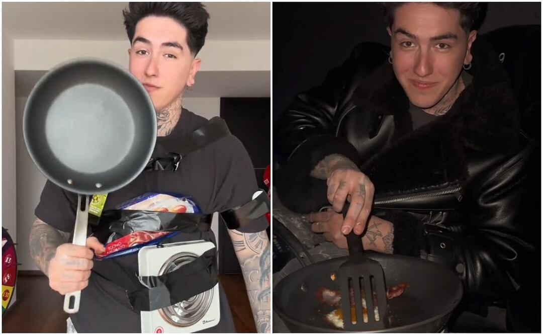 El joven documentó su intento por cocinar dentro del cine, iniciando por meter los ingredientes de contrabando, pegándolos a su cuerpo. Fotos: TikTok