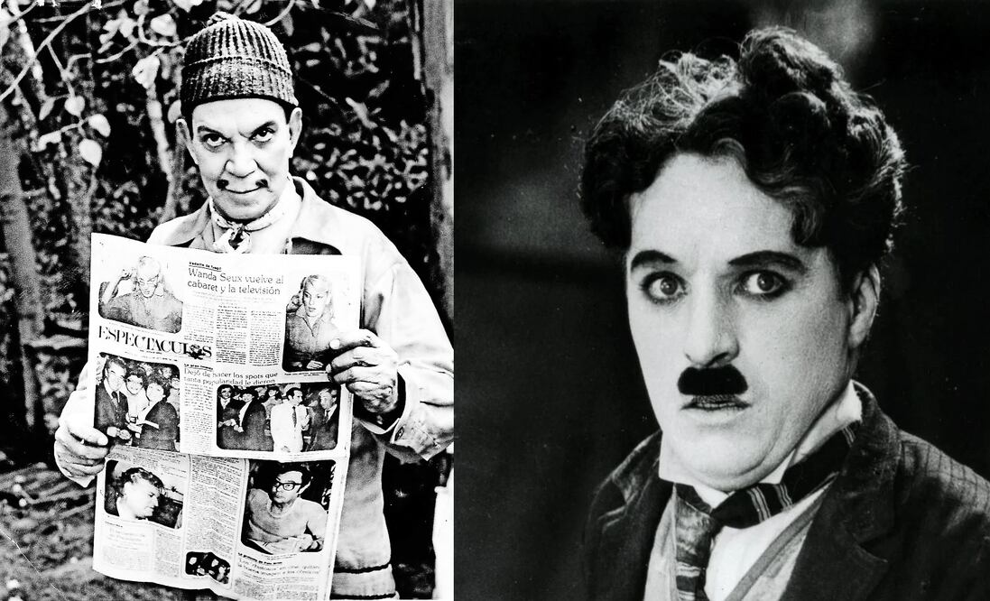 A la izquierda: El actor Mario Moreno introdujo una palabra al diccionario: cantinflear, que significa hablar sin decir mucho. Archivo del Universal. A la derecha: Charles Chaplin. Crédito: Sensacine.