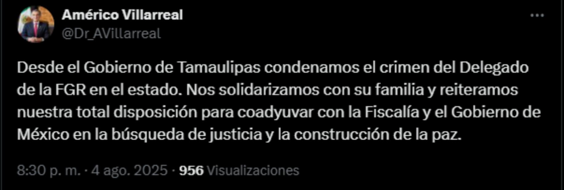 Gobernador de Tamaulipas se pronuncia al respecto (04/08/2025). Foto: Especial